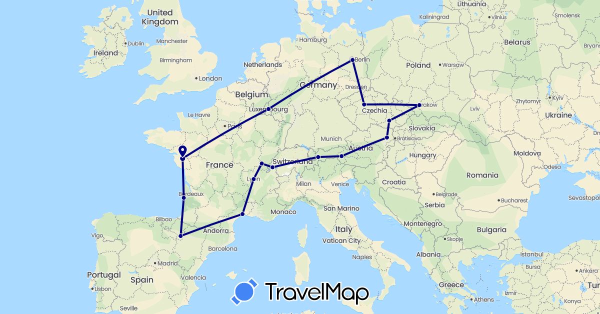 TravelMap itinerary: driving in Austria, Czech Republic, Germany, Spain, France, Luxembourg, Poland (Europe)